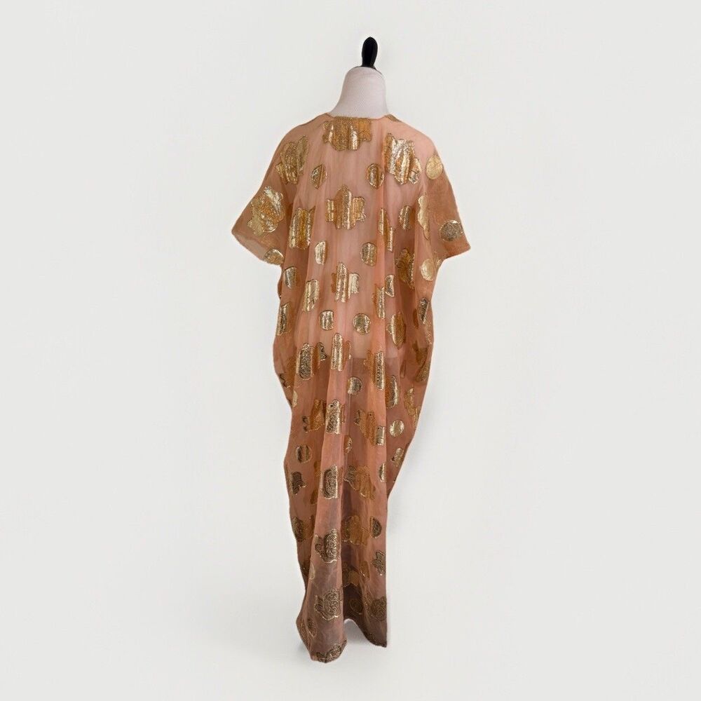 Kaftan Caftan Maxi Dress 1 Size Peach BOHO Gold Paisley Embellished Square Neck - Picture 4 of 12